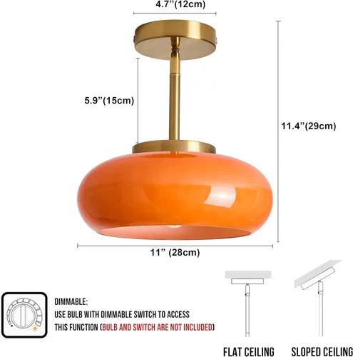 Vista 2 de FCTWAKS Lámpara de techo semiempotrada dorada moderna de 11 pulgadas con pantalla de cristal naranja, lámpara de mediados de siglo para pasillo