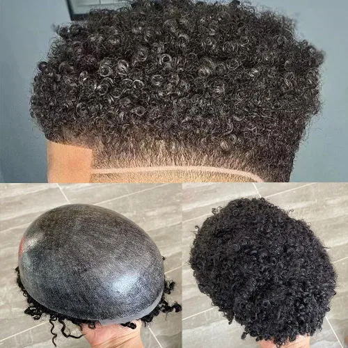Vista 16 de SIMBEAUTY Cabello humano Remy indio 360 ondulado, 0.394 pulgadas, base de piel de tupé rizado, 10 x 8 pulgadas, para hombres negros con sistema