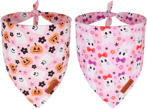 Vista 14 de PTDECOR Bandana de Halloween para perro, bufanda festiva reversible para mascotas, varios tamaños, bandanas triangulares de Halloween para cachorros
