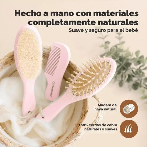 Vista 4 de Juego de cepillo y peine para cabello de bebé para recién nacidos - Juego de cepillos de madera para cabello de bebé con cerdas suaves de cabra