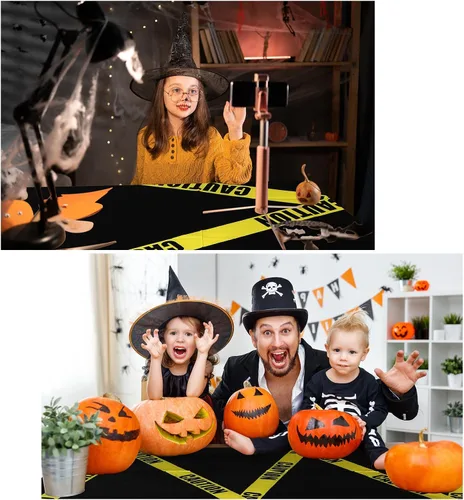 Vista 7 de Irenare 3 piezas de suministros de fiesta de cumpleaños de construcción de Halloween, cinta de precaución de plástico desechable, mantel de Negro