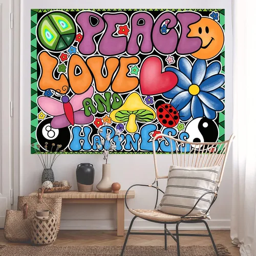 Vista 7 de Yanikki Tapiz de pared con signo de paz hippie de 50 x 60 pulgadas, diseño retro de los años 70 para colgar en la pared, decoración bohemia estética