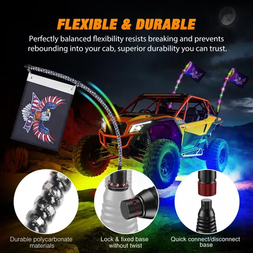 Vista 6 de Nilight 2 luces LED RGB de 3 pies con base de resorte y 4 luces de rock, control remoto de aplicación con patrones de persecución de bricolaje