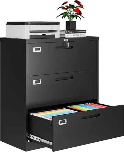 Vista 25 de Archivador de 2 cajones con cerradura, archivadores metálicos para oficina en casa, gabinete pequeño vertical negro para oficina en casa, archivador