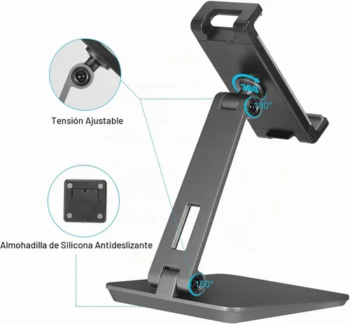 Vista 3 de Soporte para tablet ajustable y plegable, soporte giratorio de aluminio pesado de 360° para escritorio, compatible con iPad Pro/Air/Mini, Galaxy