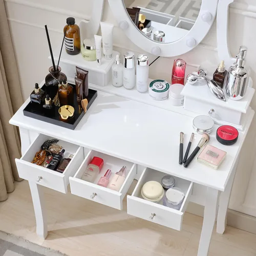 Vista 7 de okcomuy Mesa de tocador de maquillaje con espejo iluminado, tocador compacto con 5 cajones grandes para mujeres y niñas (blanco)