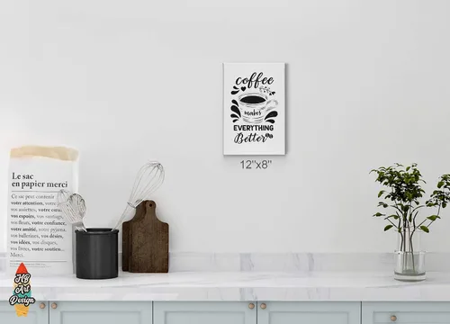 Vista 2 de HB Art Design Coffee Makes Everything Better Black Quote and Mug Sketch Canvas Print Wall Art Coffee Bar Decor Coffee Signs Kitchen Wall Decor