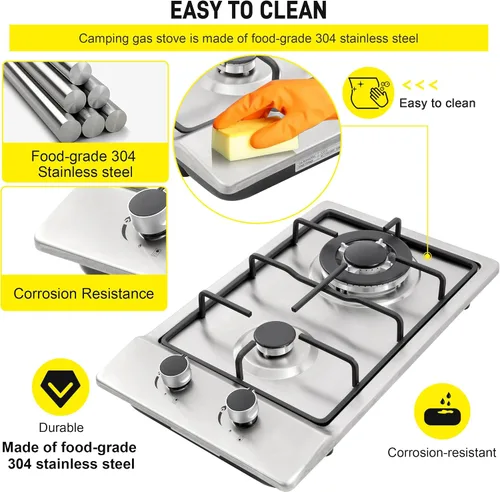 Vista 4 de Cocina de gas de 12 pulgadas, estufa de gas integrada de 2 quemadores de acero inoxidable con kit de conversión de NG/LPG, protección de termopar