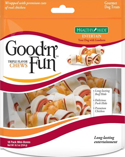 Vista 9 de Good 'N' Fun Mini masticables de cuero crudo de triple sabor, 7 unidades Real Protein, Premium Chicken, Pork and Beef Hide Chew, Supports Dental