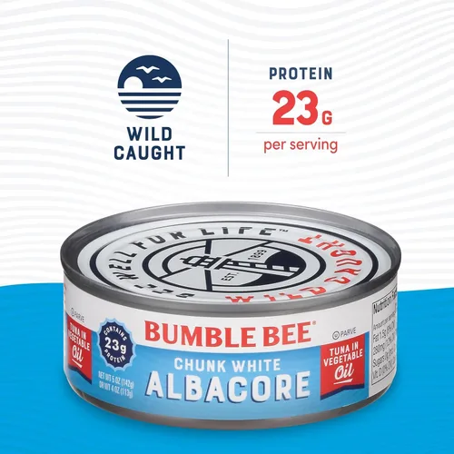 Vista 3 de Bumble Bee Trozos de atún blanco blanco en aceite, lata de 5 onzas, atún capturado en la naturaleza, 0.81 oz de proteína por porción, alto