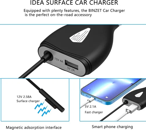 Vista 3 de Surface - Cargador de coche, 70 W, 15 V, 4 A, fuente de alimentación para Microsoft Surface Pro 5/Pro 6/Pro 7/Pro 8/Pro X, Surface Book, Surface Go