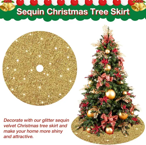 Vista 4 de Faldón para árbol de Navidad con lentejuelas doradas brillantes de 21 pulgadas, faldón de terciopelo con lentejuelas para árboles delgados, collar