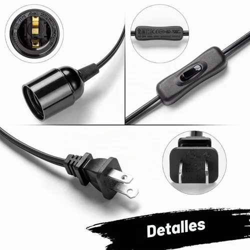 Vista 3 de Cable de luz colgante de extensión de 12 pies con portalámparas, cable de luz colgante con base E26, interruptor de encendido/apagado, enchufe Negro