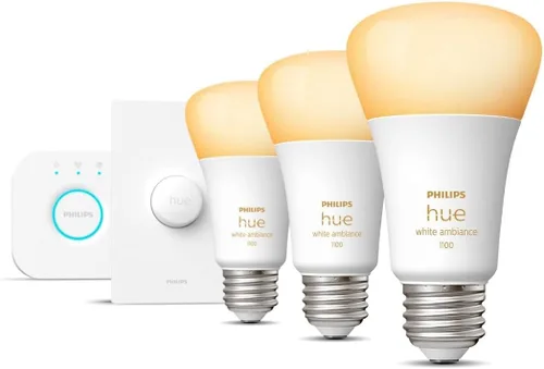 Vista 3 de Philips Hue Kit de inicio con botón inteligente Base Lumen de ambiente blanco (60W), 16 millones de colores, funciona con Amazon Alexa, Asistente