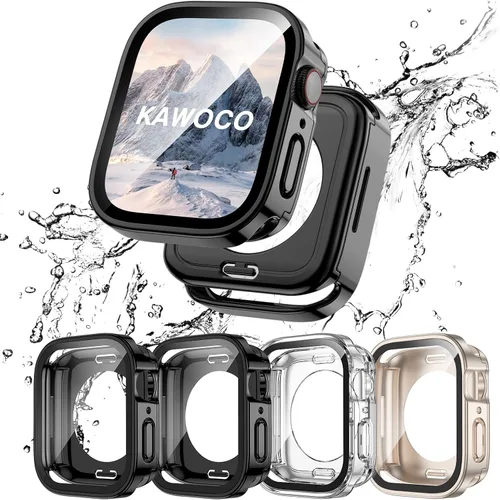 Vista 8 de Paquete de 4 fundas impermeables compatibles con Apple Watch de 1.575 pulgadas Series 6/5/4/SE con protector de pantalla de vidrio templado
