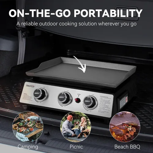 Vista 4 de Royal Gourmet PD1301S - Plancha de gas portátil de 3 quemadores, 25,500 BTU de potencia de cocción, 304 pulgadas cuadradas, superficie de cocción