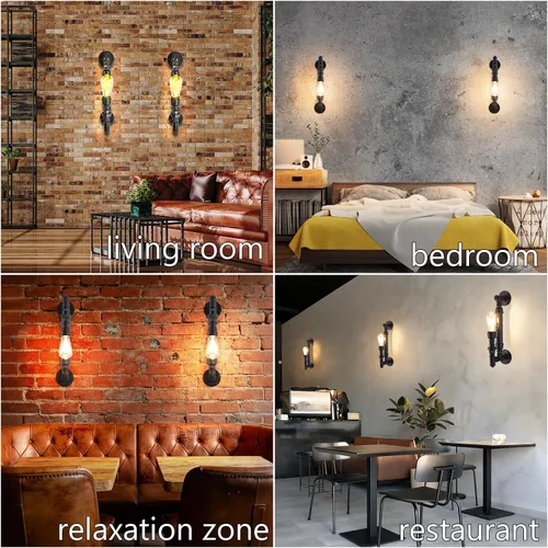 Vista 5 de Juego de 2 apliques de pared antiguos de granja, estilo rústico, vintage, steampunk, para tubería de agua, E26, lámpara de montaje en pared