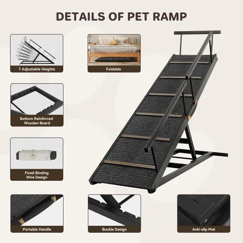 Vista 4 de Rampa para Mascotas Plegable Portátil de Madera para Perros y Gatos para Sofá o Cama, Incluye Alfombrilla Antideslizante y Rieles Laterales