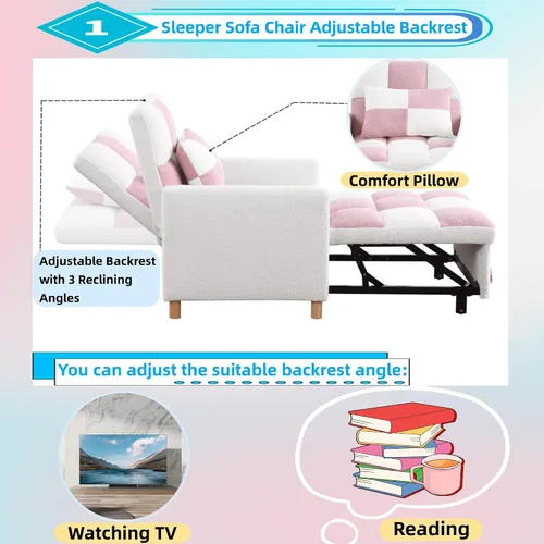 Vista 5 de Linique Sofá cama convertible, silla ajustable con almohada, silla multifuncional con tela de peluche suave para sala de estar, dormitorio