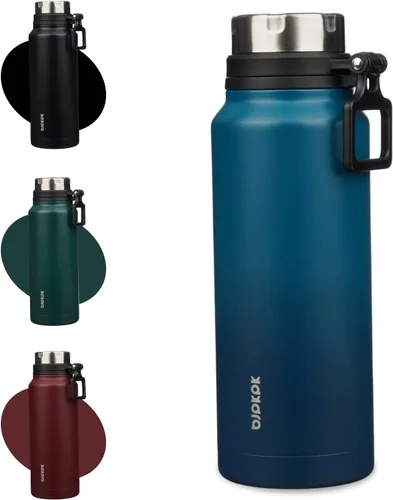 Vista 25 de BJPKPK Botella de agua aislada de 24 onzas con asa, sin BPA, botella térmica de viaje de acero inoxidable reutilizable, botella de agua grande, Negro