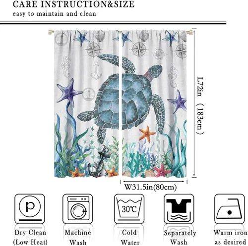 Vista 75 de Cortinas de decoración de playa con océano azul, peces náuticos costeros playeros de verano, conchas marinas, temática infantil, dormitorio, sala