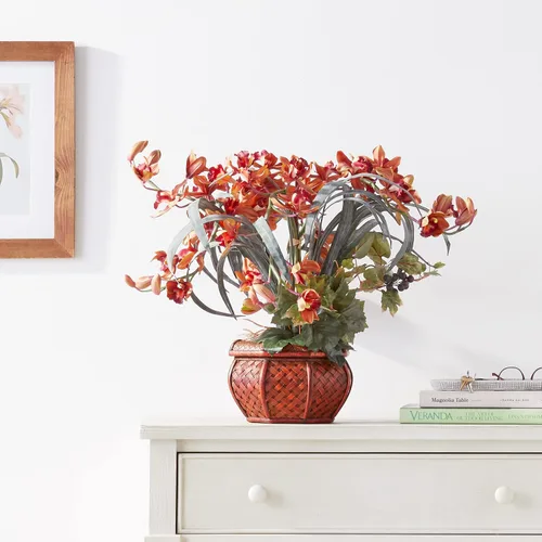 Vista 8 de Cymbidium con jarrón decorativo, arreglo de seda