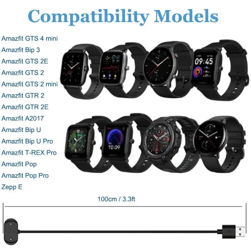 Vista 5 de Cable de carga para Amazfit Bip 5/3/U, T-Rex Pro, GTR Mini, GTR 2/2e, GTS 4 Mini, GTS 2/2e Smartwatch (paquete de 2, 3.3 pies/39.4 in)