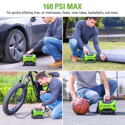 Vista 4 de Greenworks Inflador de neumáticos inalámbrico de 24 V (160 PSI) y cargador de batería
