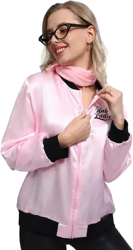 Vista 4 de Wizland Chaqueta de grasa rosa para mujer, disfraz de Halloween, cosplay, chaqueta de satén rosa de los años 50 con bufandas para el cuello y gafas
