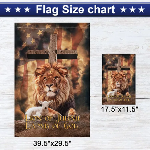 Vista 2 de Bandera estadounidense con cruz "Judah Lamb Of God" v1, de 11.5 x 17.5 pulgadas para jardín, banderas de Estados Unidos de poliéster prémium