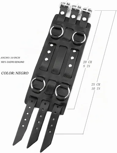 Vista 6 de HZMAN Anillo de Aleación para Hombre Pulsera Brazalete Puño de Cuero Genuino Tono Plateado Ajustable Negro