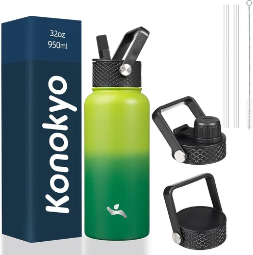 Vista 53 de Konokyo - Botella de agua aislada de 18 onzas, botellas deportivas de acero inoxidable con 3 tapas, verde militar