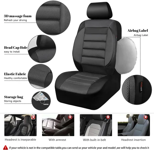 Vista 4 de CAR PASS Juego completo de fundas de asiento de automóvil de cuero con soporte lumbar de espuma 3D, fundas de asiento automotrices de malla de aire