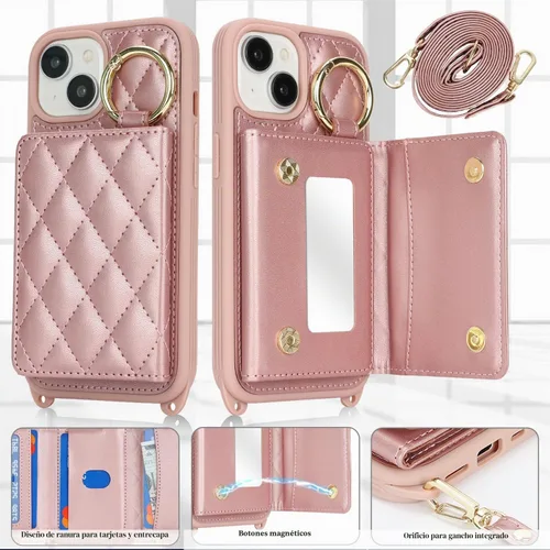 Vista 2 de Funda para iPhone 14 con tarjetero y correa para mujer, cordón cruzado, espejo de maquillaje, soporte de anillo, cierre a presión, bonitas fundas