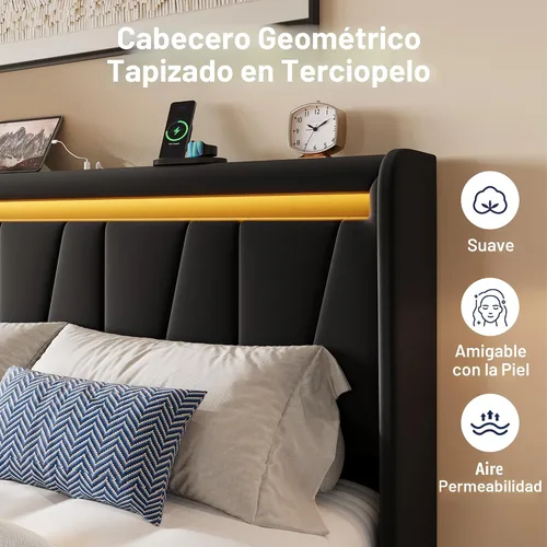 Vista 3 de Allewie Base de cama LED tamaño King con estación de carga, cama de plataforma tapizada en terciopelo con cabecera geométrica tipo wingback, marco
