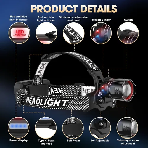 Vista 7 de ATDOALL Linterna frontal LED superbrillante, lámpara de cabeza recargable de alto lúmenes con sensor de movimiento, 5 modos, IPX5 impermeable, 90°