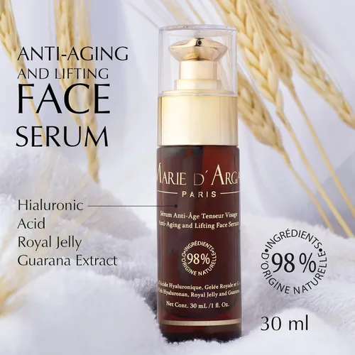 Vista 2 de Marie d'Argan Suero facial lifting antienvejecimiento, con ácido hialurónico, jalea real y guaraná, 98% ingredientes naturales, repara, tensa