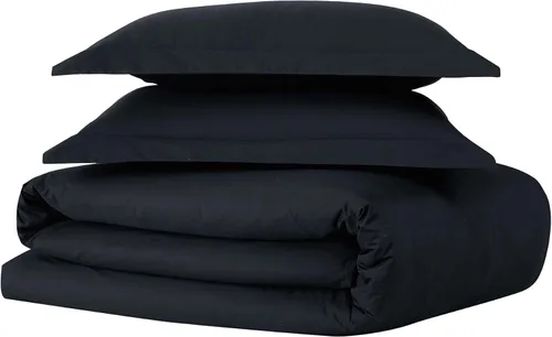 Vista 2 de Brooklyn Loom Juego de edredón clásico de algodón negro de 2 piezas, tamaño individual XL, con temática de color sólido, para hombres y mujeres