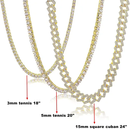 Vista 5 de HH BLING EMPIRE Cadena de eslabones cubanos y tenis dorados para hombre juego de collar de cadena cubana de diamantes para hombre cadena de joyería