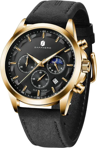 Vista 7 de SAPPHERO Relojes para hombre, cronógrafo, de acero inoxidable, impermeable, cuarzo, para negocios, casual, reloj de vestir para hombre, fecha Negro