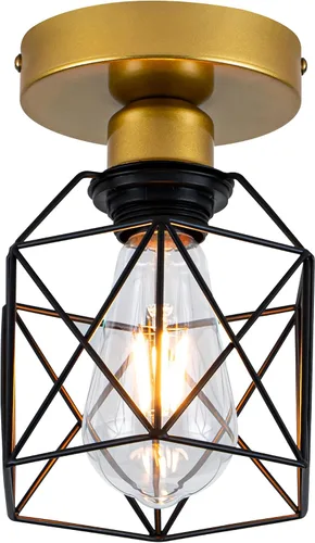 Vista 10 de Modern Geometric Ceiling Light, Black Metal Diamond Cage Design, Semi-Flush Mount, Industrial Style, E26, Matte Black with Gold Inside