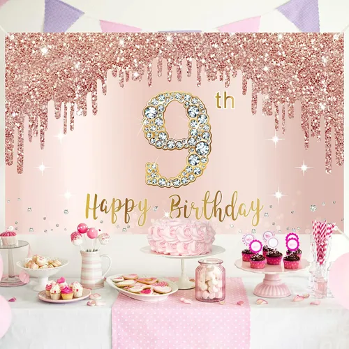 Vista 4 de Cartel de feliz 9º cumpleaños para niñas, suministros de fiesta de noveno año de oro rosa, cartel rosa de 9 años, decoración de cabina de fotos
