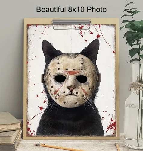 Vista 4 de Arte y diseño de pájaro amarillo de gato – Arte de pared de viernes 13 – Bonita decoración de gato para hombres – Divertido regalo de gatito