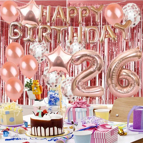 Vista 5 de Decoraciones de cumpleaños número 26, suministros de fiesta, globos de oro rosa del número 26, globos de Mylar 26, cortinas de flecos de papel