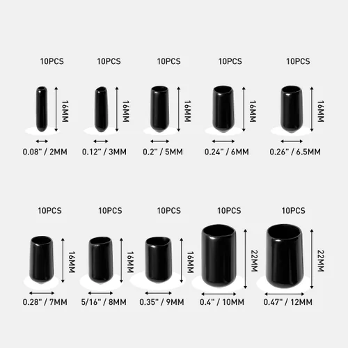 Vista 3 de 100 tapas flexibles de goma para los extremos, 10 protectores de rosca redondos de tamaño más popular, protector de vinilo negro, kit de tapas