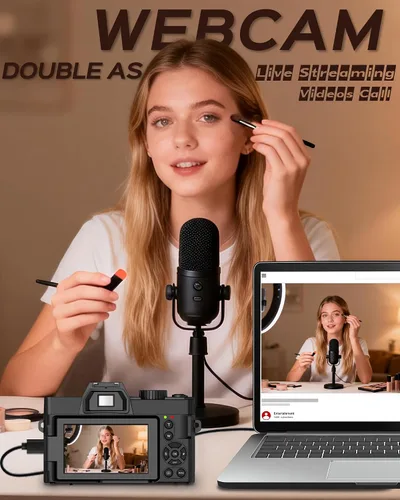 Vista 5 de Cámara digital 5K para fotografía con WiFi 48MP cámara de vlogging para principiantes con pantalla abatible, gran angular y lente macro, micrófono