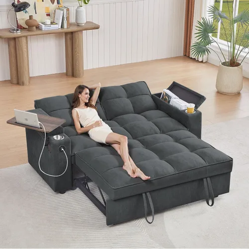 Vista 24 de Auvsoce - Sofá cama biplaza de 65 pulgadas, sofá convertible para sala de estar, sofá para RV con respaldo ajustable, chaise longue, mesa lateral