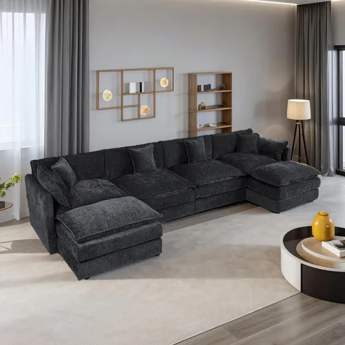 Vista 17 de Setawix Sofá Profundo de 3 Plazas con Otomana, Sofás de Nube en Forma de L de 112.2" para Sala de Estar, Sofá de Nube de Chenilla con Asiento Café
