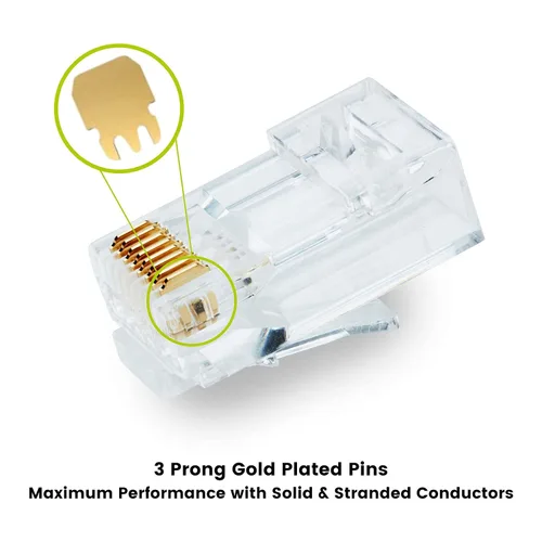 Vista 2 de trueCABLE Cat5e RJ45 conectores de paso a través de enchufe modular sin blindaje (UTP), certificación UL, extremo de crimpado EZ, chapado en oro, 3