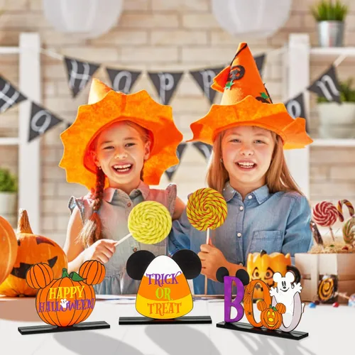 Vista 5 de 3 centros de mesa de madera de ratón de Halloween, decoración de mesa con letrero de truco o trato, centro de mesa de letrero Boo para Halloween